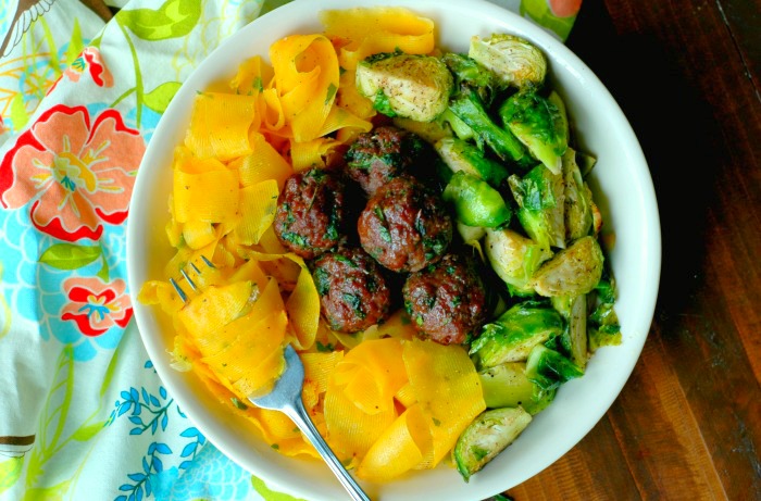 Paleo Herb Roasted Grassfed Meatballs and Brussel Sprouts with Butternut Squash Noodles 