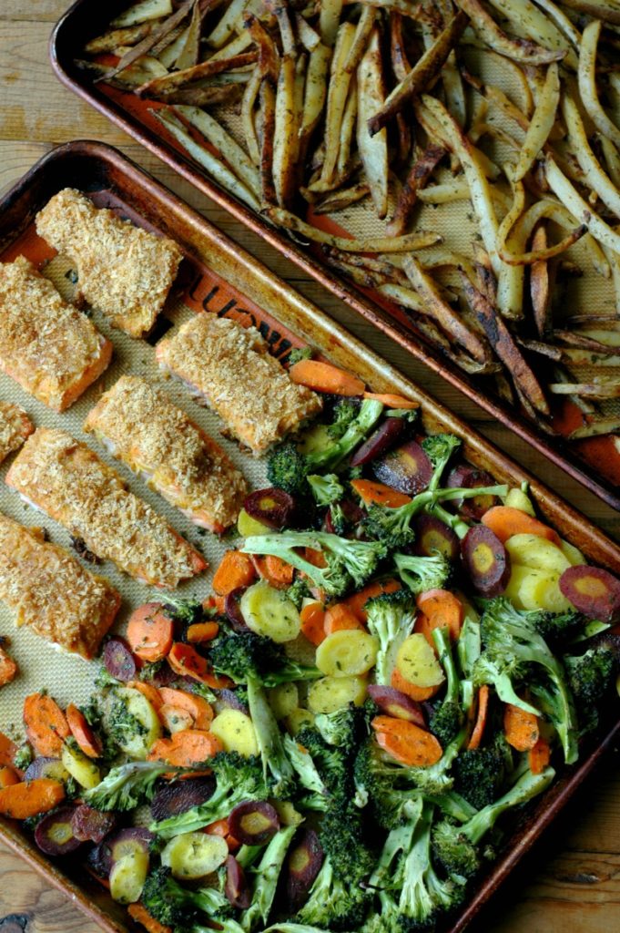 Sheet Pan Honey Mustard Crusted Salmon with Restaurant Style French Fries and Roasted Veggies :: Gluten, Grain, Nut, Egg, Soy, and Refined Sugar Free!