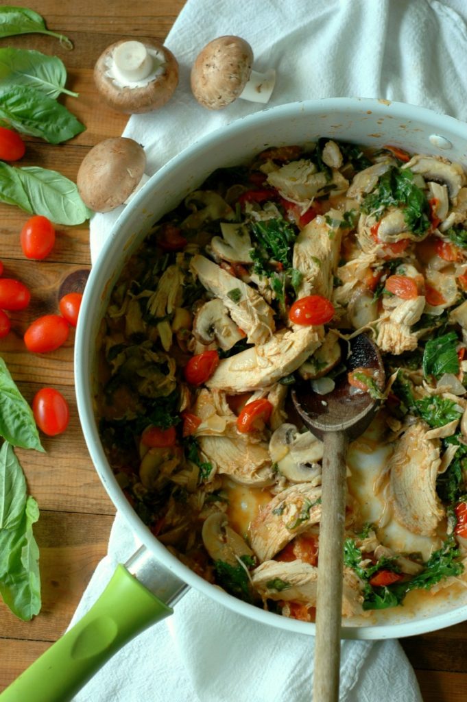20 Minute Chicken, Mushrooms, and Kale With Tomato Basil Cream Sauce
