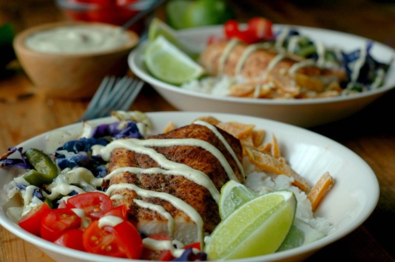 Mahi Mahi Fish Taco Bowls With Dairy Free Chipotle Garlic Lime Aioli