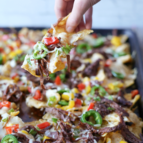 Sheet Pan Nachos with Pulled Brisket or Beef Roast