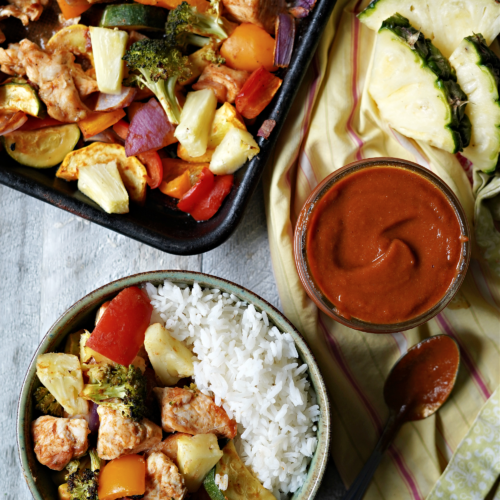 20 Minute Hawaiian Sheet Pan Dinner with Easy, No Cook, Fruit Sweetened Hawaiian Barbeque Sauce!