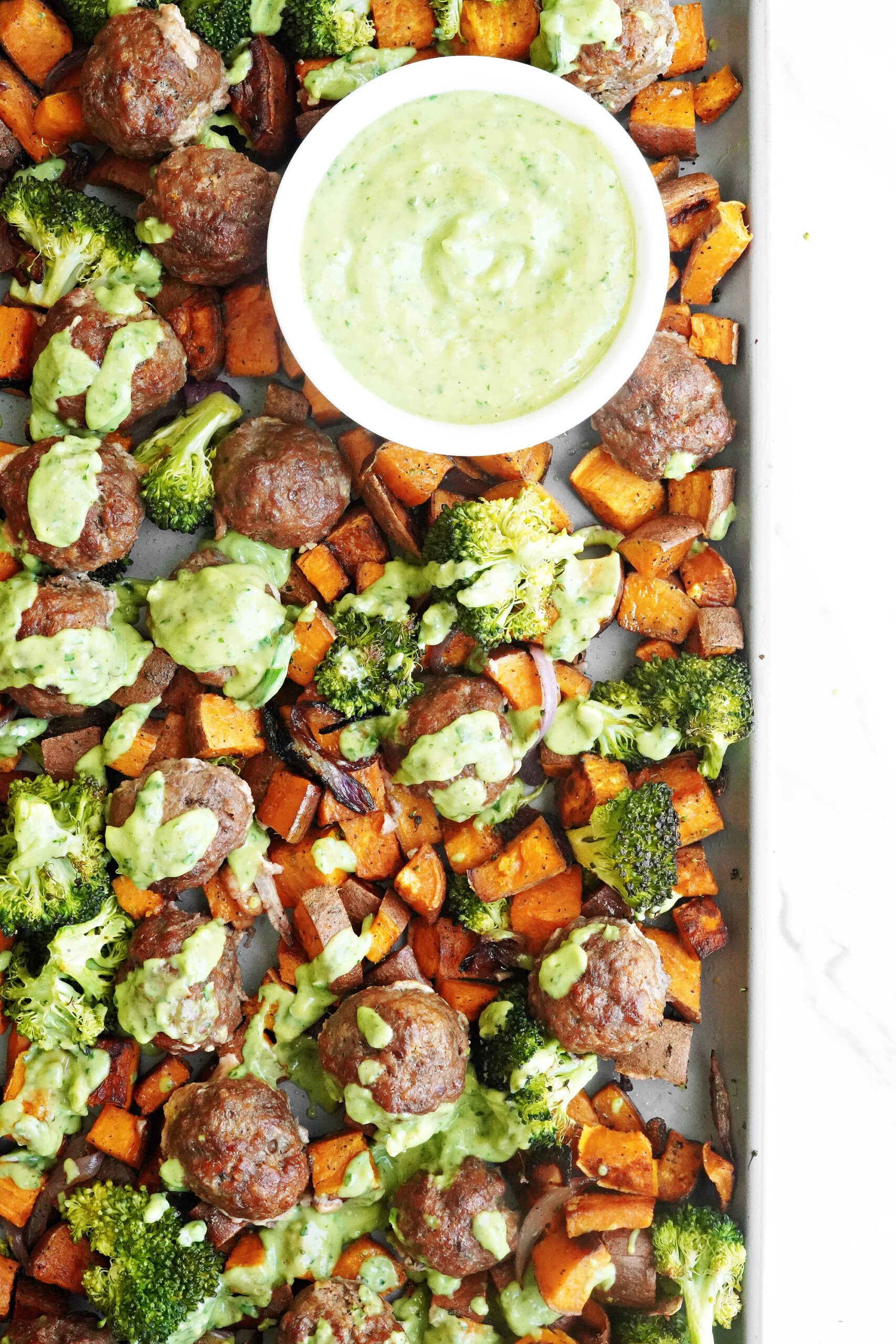 Sheet Pan Dinner BBQ Meatballs & Fresh Green Goddess Sauce