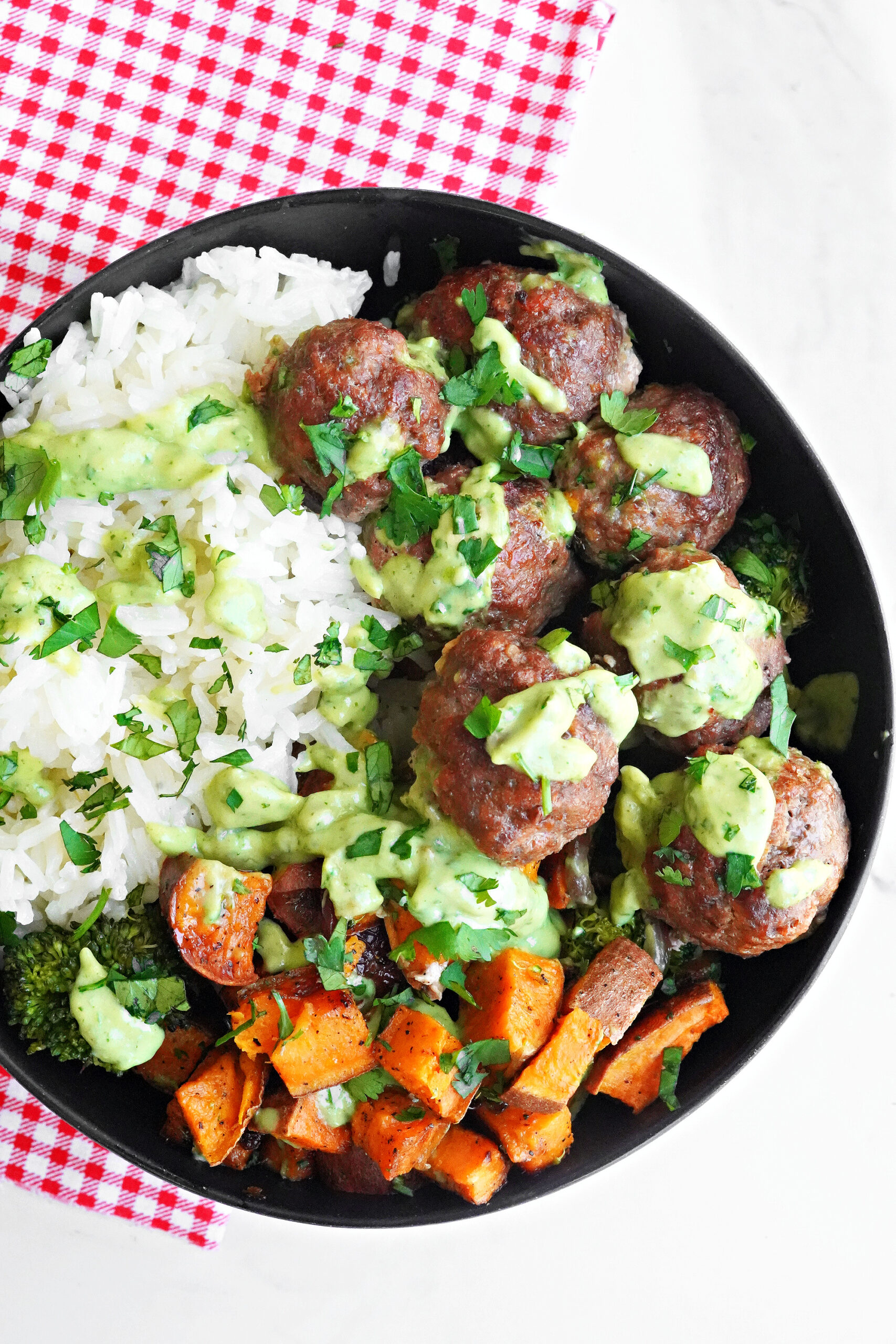 Sheet Pan Dinner BBQ Meatballs & Fresh Green Goddess Sauce