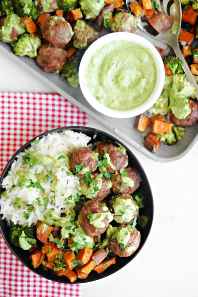 Sheet Pan Dinner BBQ Meatballs & Fresh Green Goddess Sauce